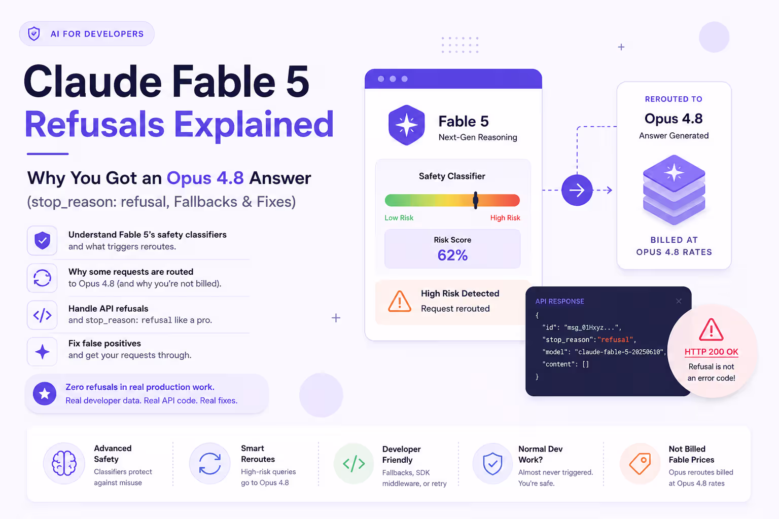 Claude Fable 5 refusals and Opus 4.8 fallback explained — safety classifiers, stop_reason refusal, and API fallback handling
