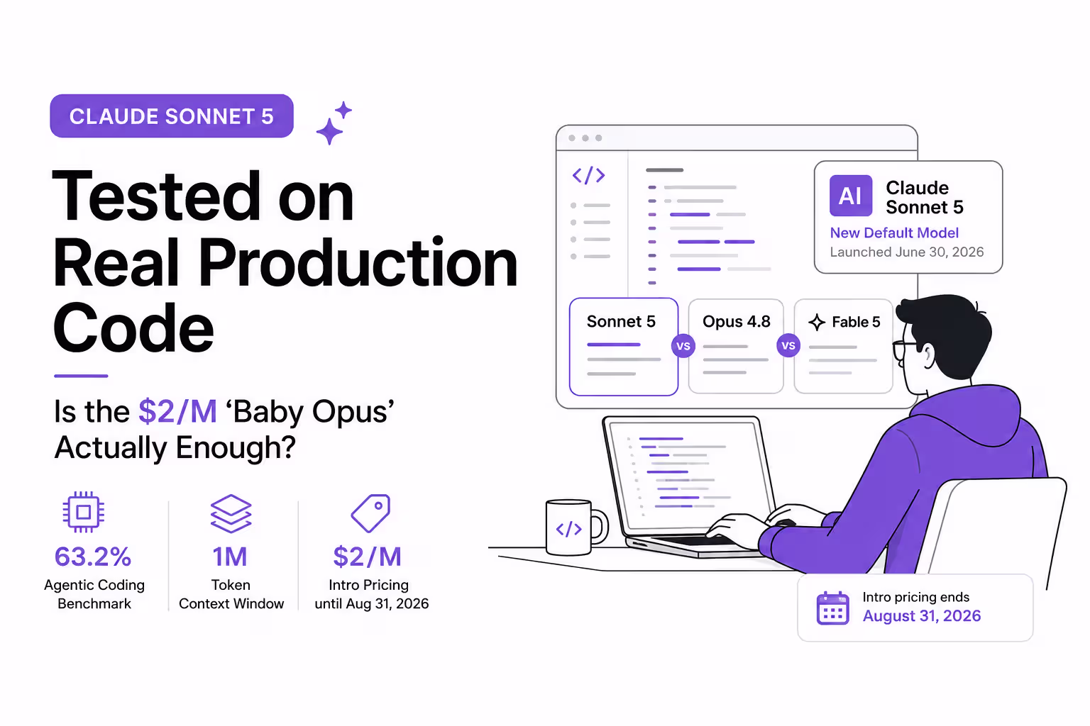 Claude Sonnet 5 tested on real production code — new default Claude model compared against Opus 4.8 and Fable 5 with August 31 intro pricing deadline