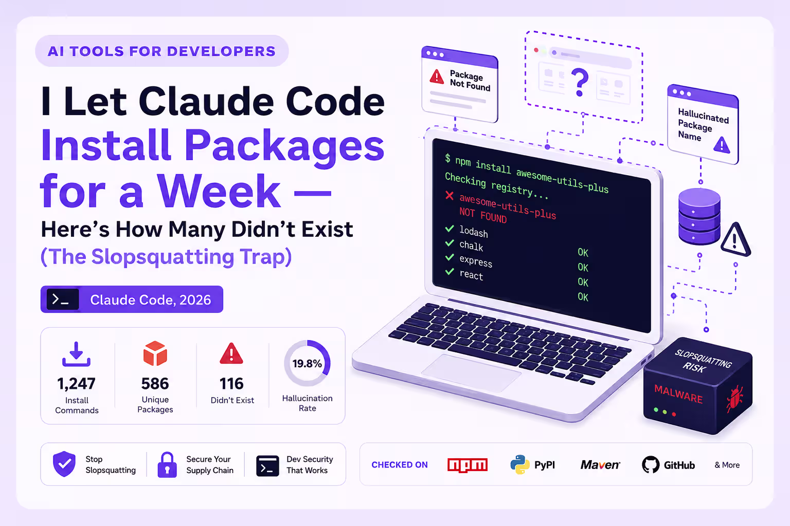 Slopsquatting explained — an AI coding agent suggesting a package name that does not exist on the npm registry, with a verification check blocking the install